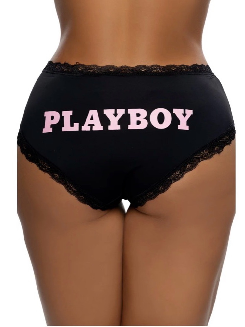 PLAYBOY Black Briefs with Pink Logo and Lace Trim